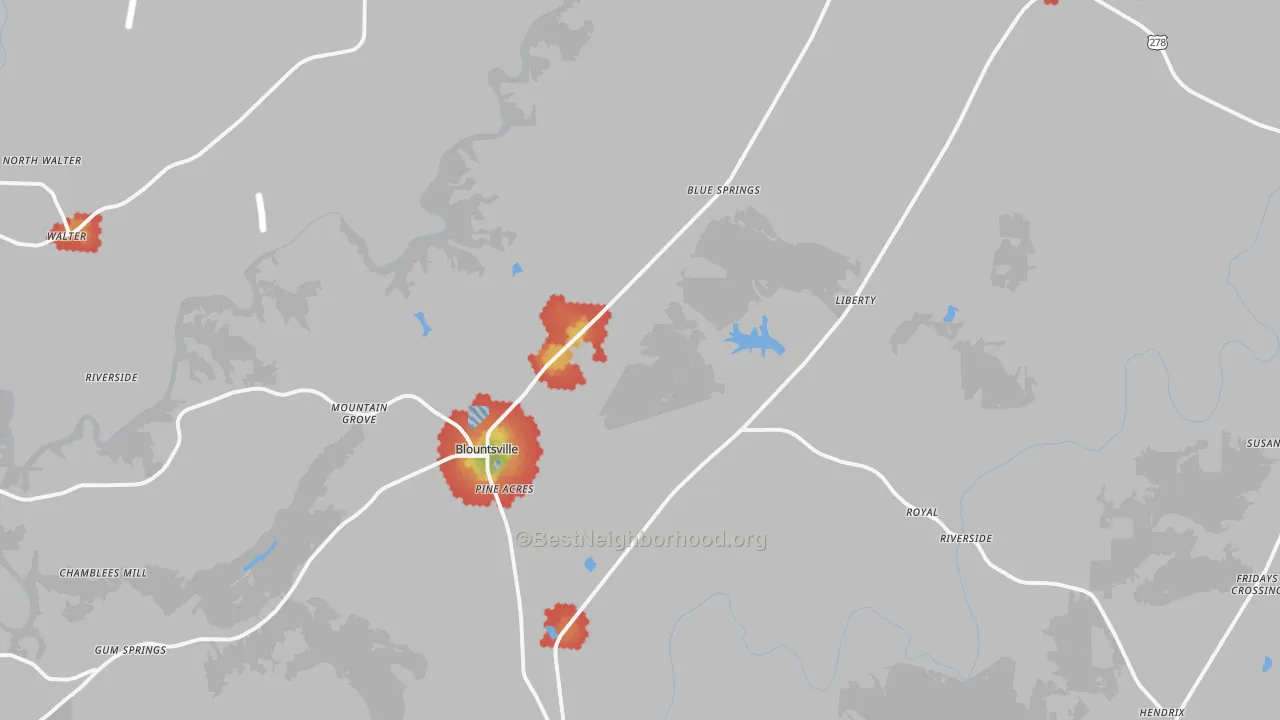 Walk Grade map of 35031, AL, walkable areas in green and car-dependent areas in red