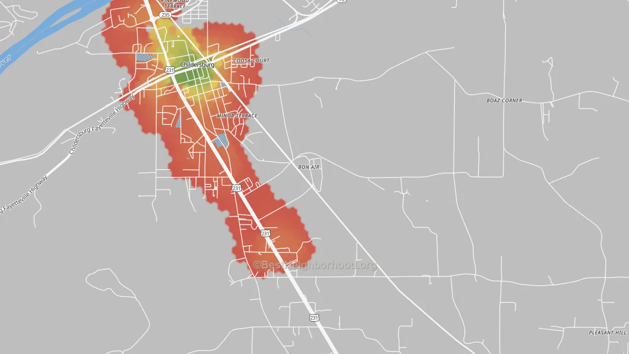 Walk Grade map of 35032, AL, walkable areas in green and car-dependent areas in red