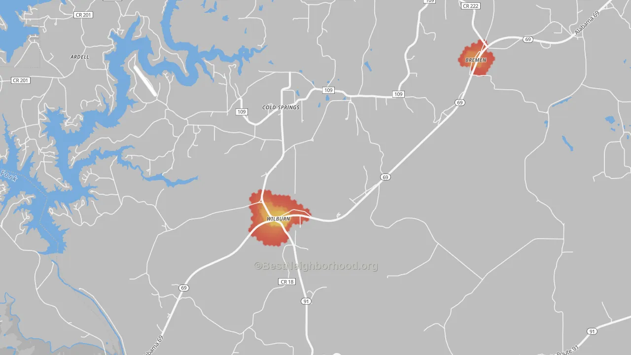 Walk Grade map of 35033, AL, walkable areas in green and car-dependent areas in red