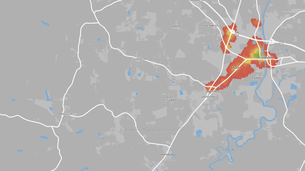 Walk Grade map of 35034, AL, walkable areas in green and car-dependent areas in red