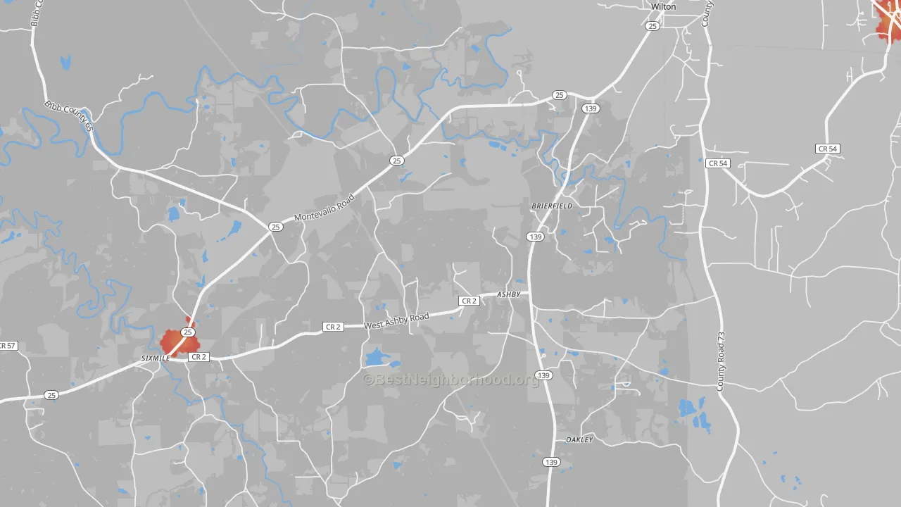 Walk Grade map of 35035, AL, walkable areas in green and car-dependent areas in red