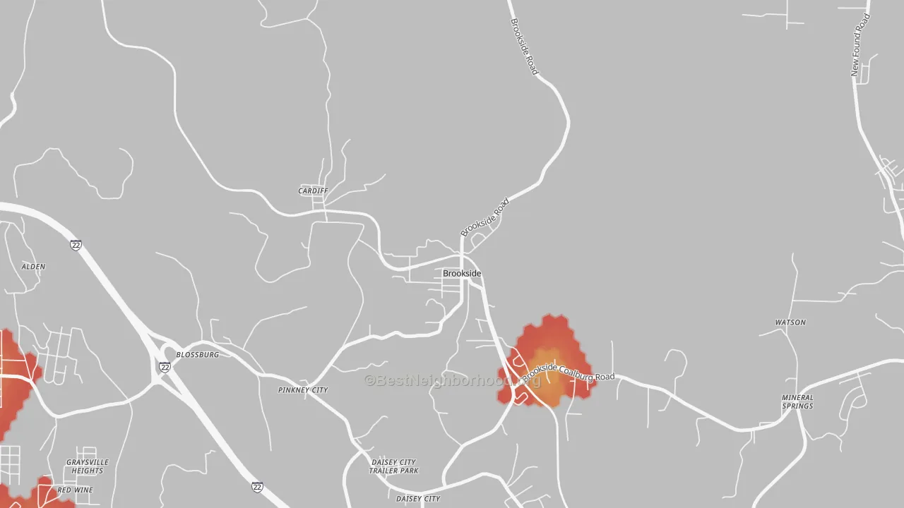 Walk Grade map of 35036, AL, walkable areas in green and car-dependent areas in red
