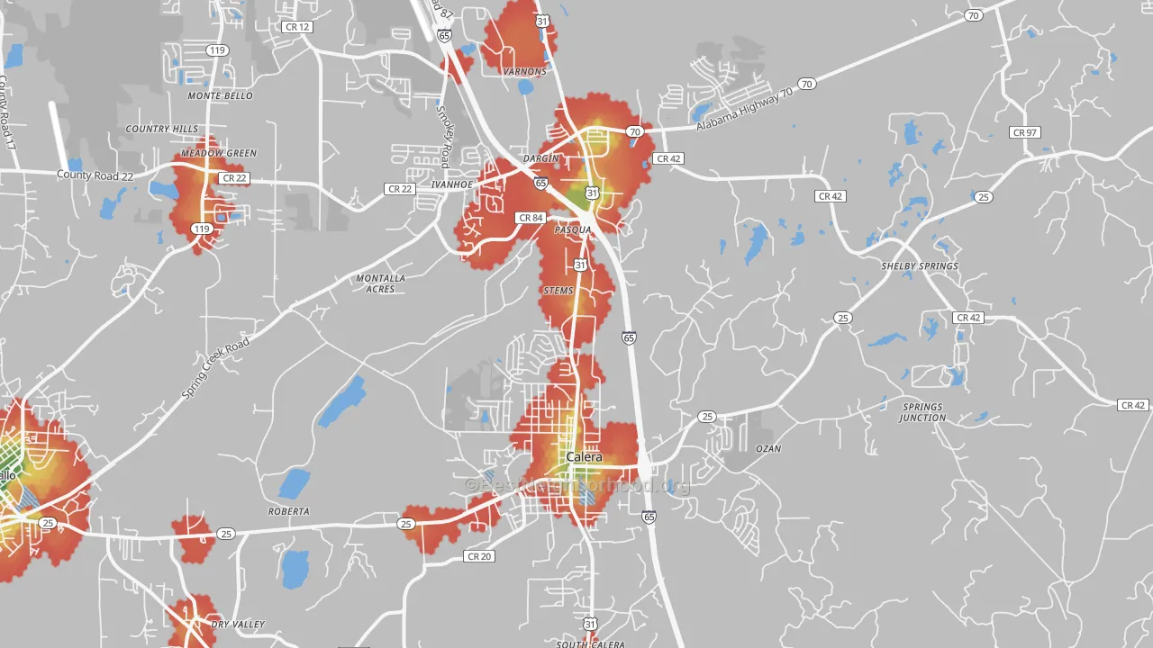Walk Grade map of 35040, AL, walkable areas in green and car-dependent areas in red