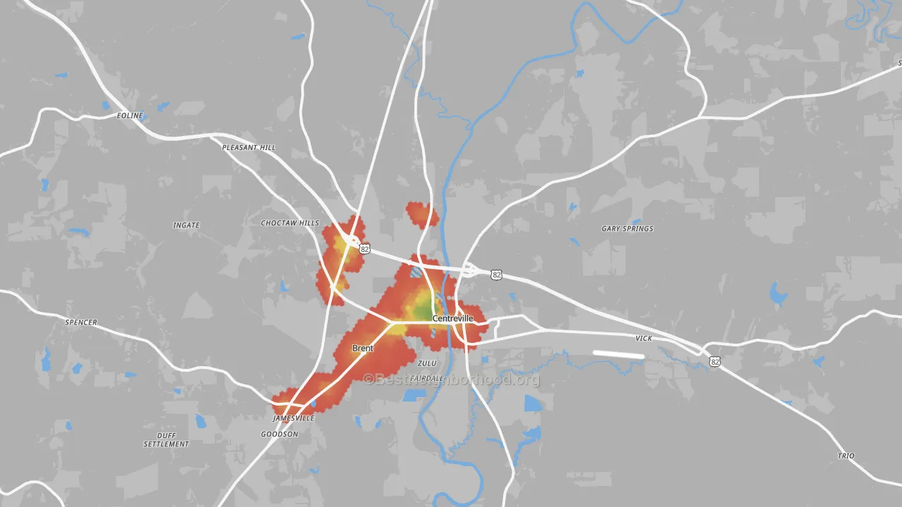 Walk Grade map of 35042, AL, walkable areas in green and car-dependent areas in red