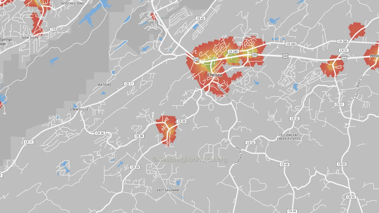 Walk Grade map of 35043, AL, walkable areas in green and car-dependent areas in red