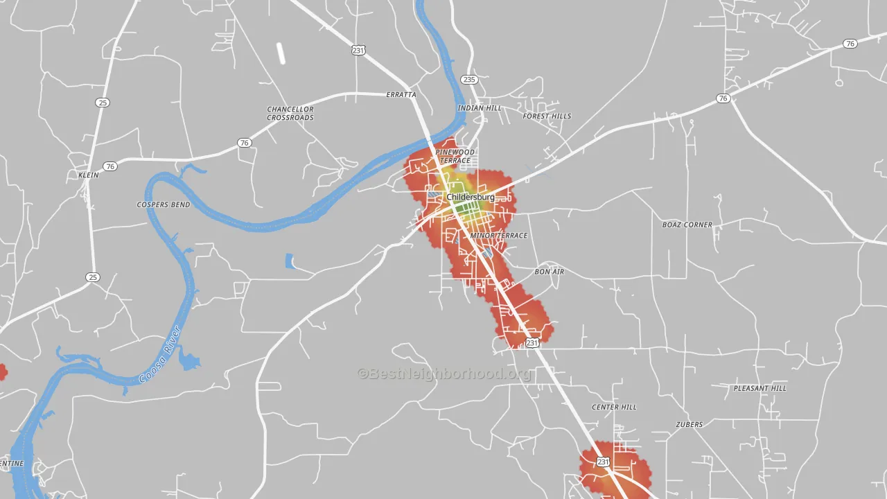 Walk Grade map of 35044, AL, walkable areas in green and car-dependent areas in red