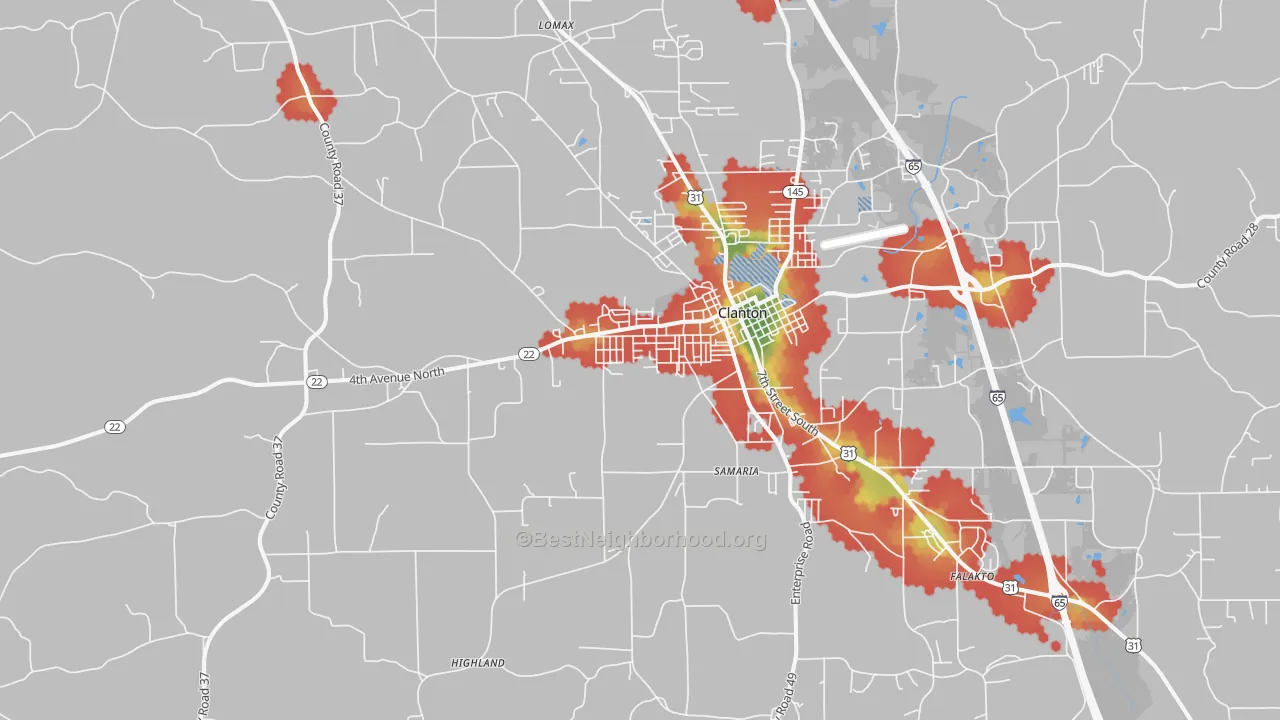 Walk Grade map of 35045, AL, walkable areas in green and car-dependent areas in red