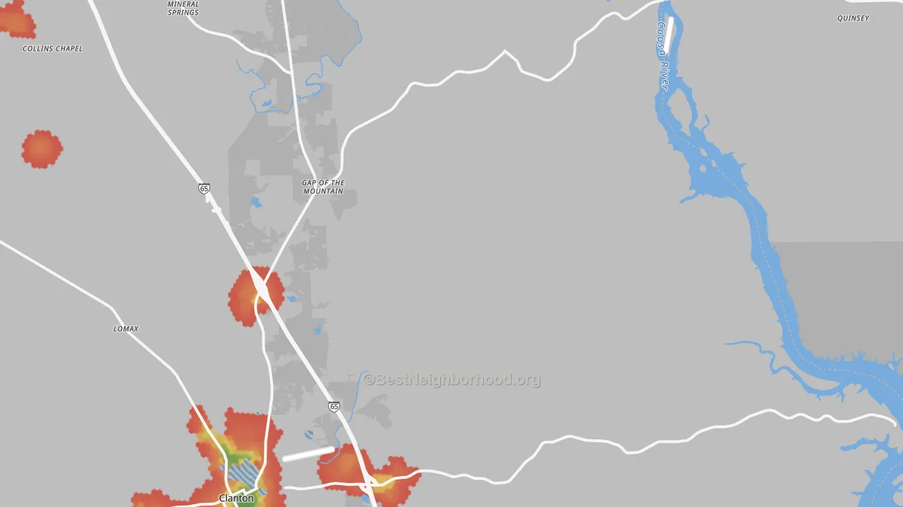 Walk Grade map of 35046, AL, walkable areas in green and car-dependent areas in red