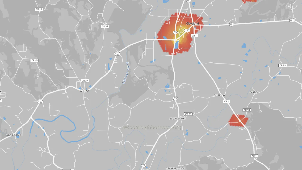 Walk Grade map of 35049, AL, walkable areas in green and car-dependent areas in red