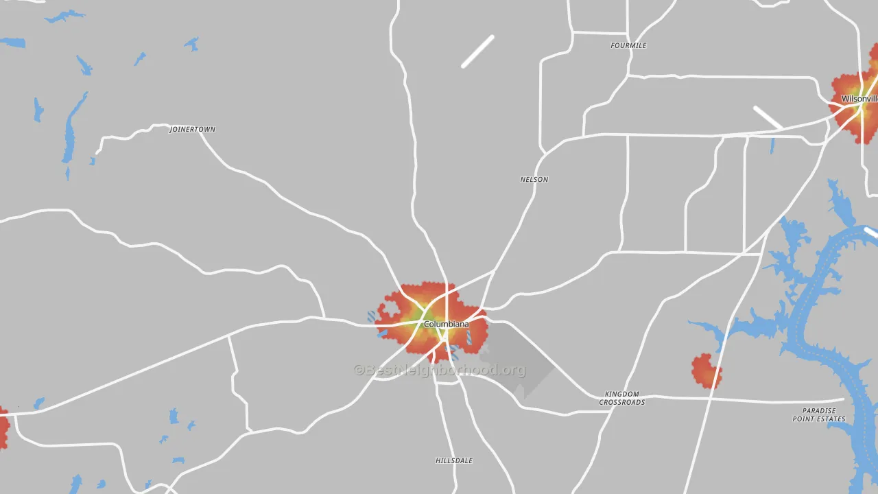 Walk Grade map of 35051, AL, walkable areas in green and car-dependent areas in red
