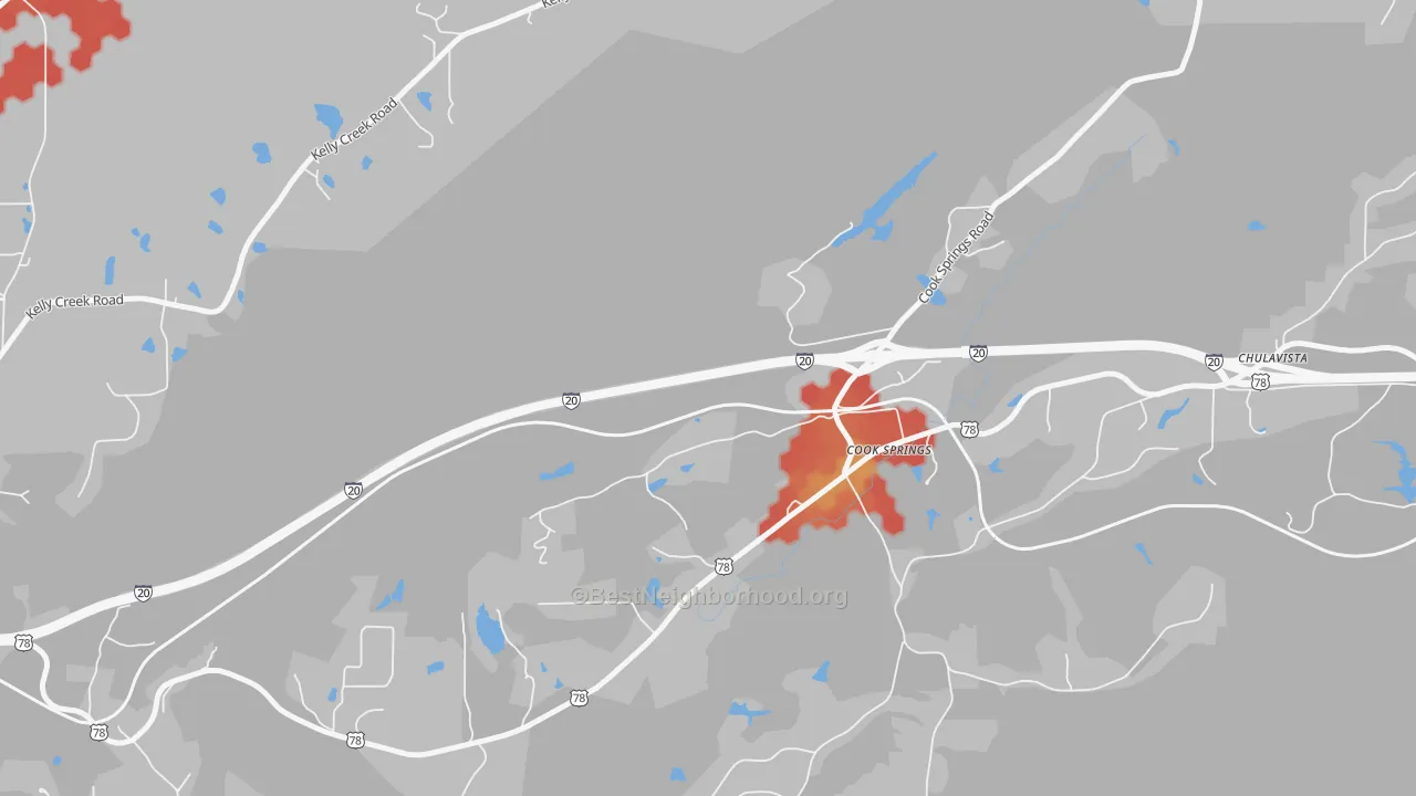 Walk Grade map of 35052, AL, walkable areas in green and car-dependent areas in red