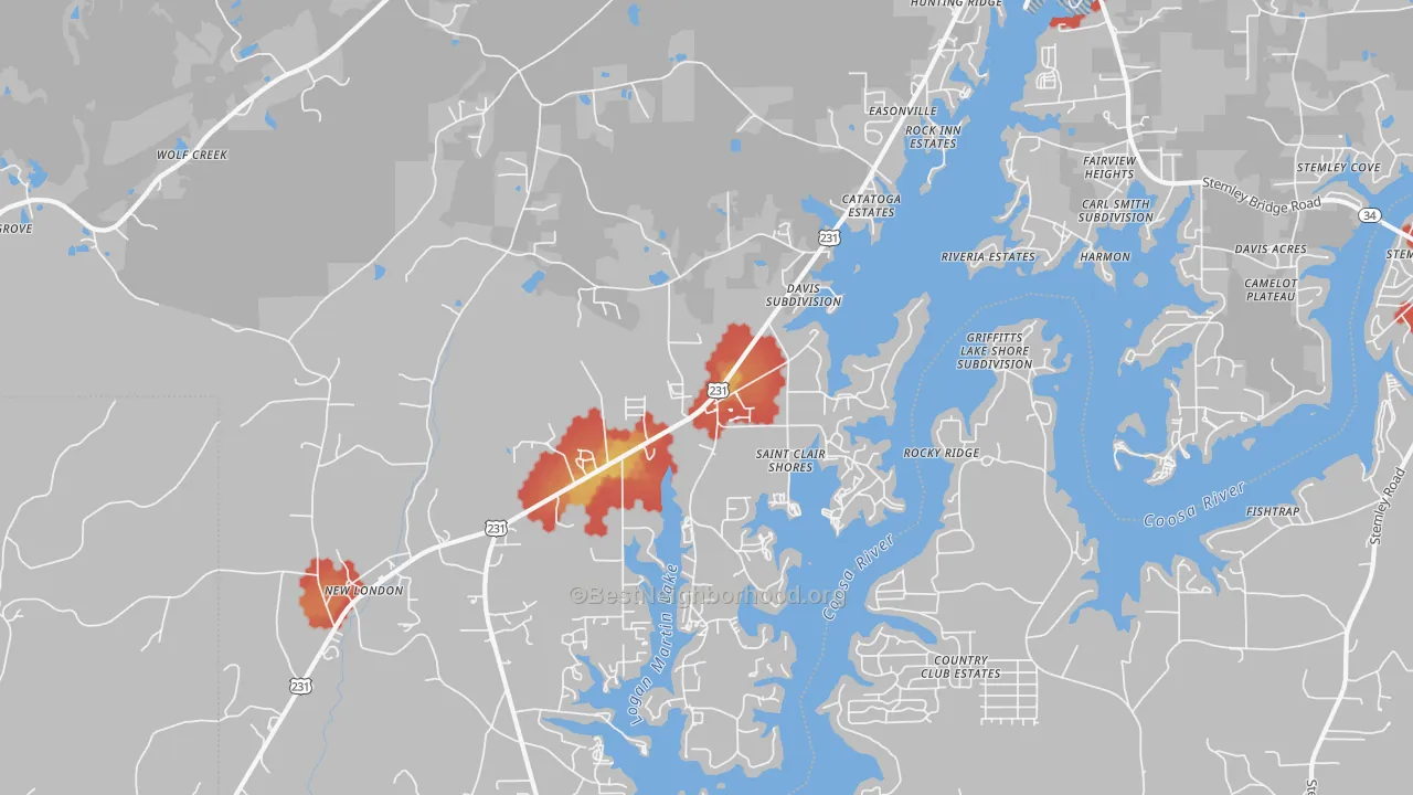 Walk Grade map of 35054, AL, walkable areas in green and car-dependent areas in red