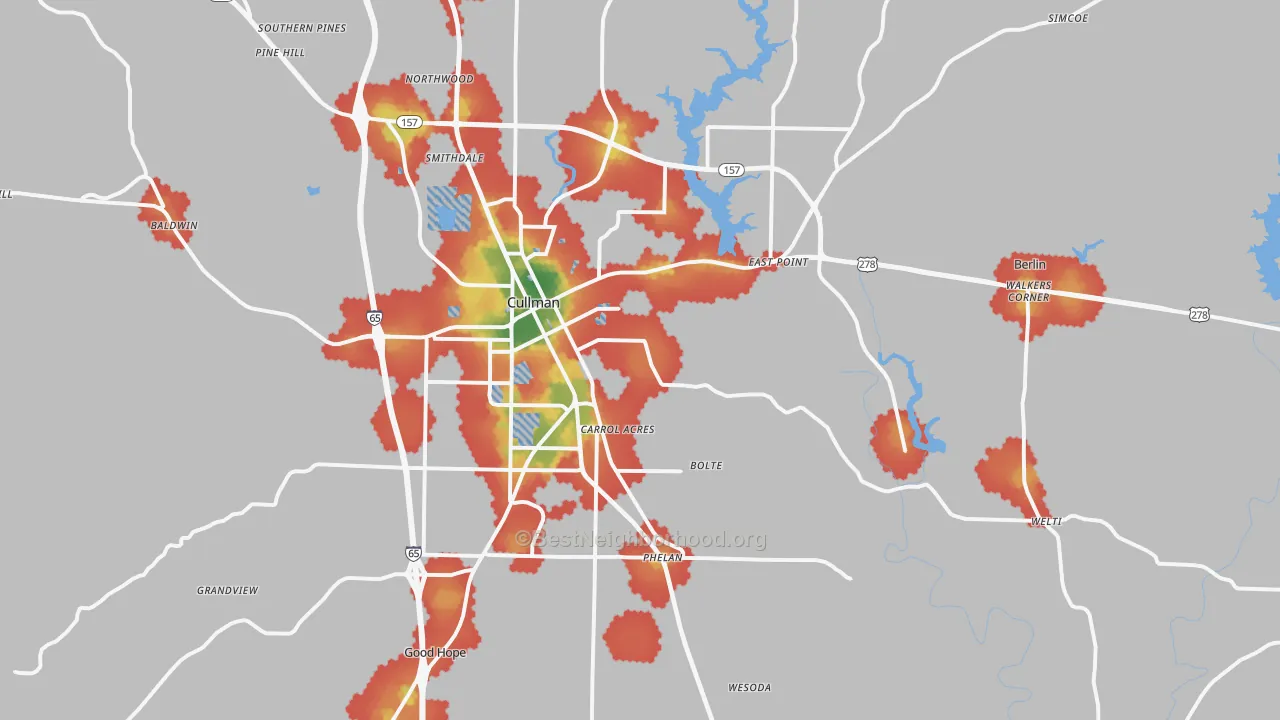 Walk Grade map of 35055, AL, walkable areas in green and car-dependent areas in red