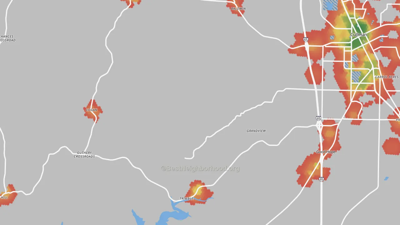 Walk Grade map of 35057, AL, walkable areas in green and car-dependent areas in red