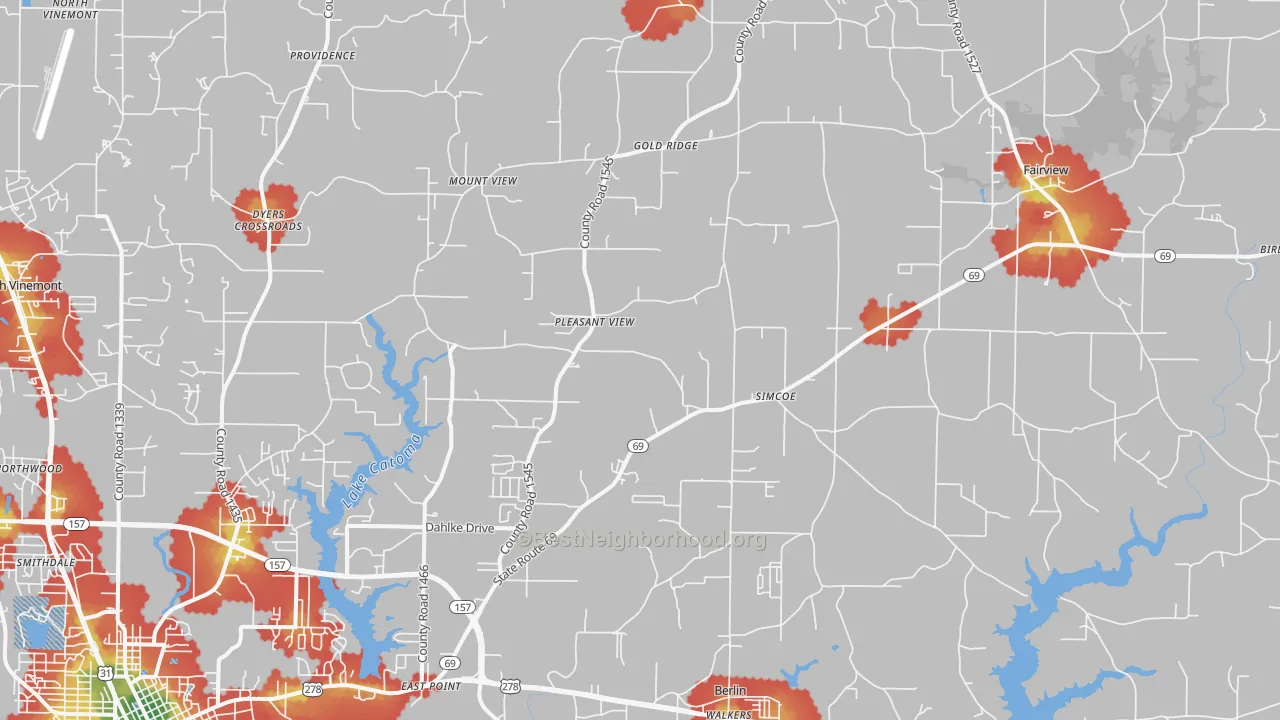 Walk Grade map of 35058, AL, walkable areas in green and car-dependent areas in red