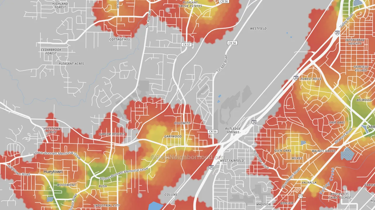 Walk Grade map of 35061, AL, walkable areas in green and car-dependent areas in red