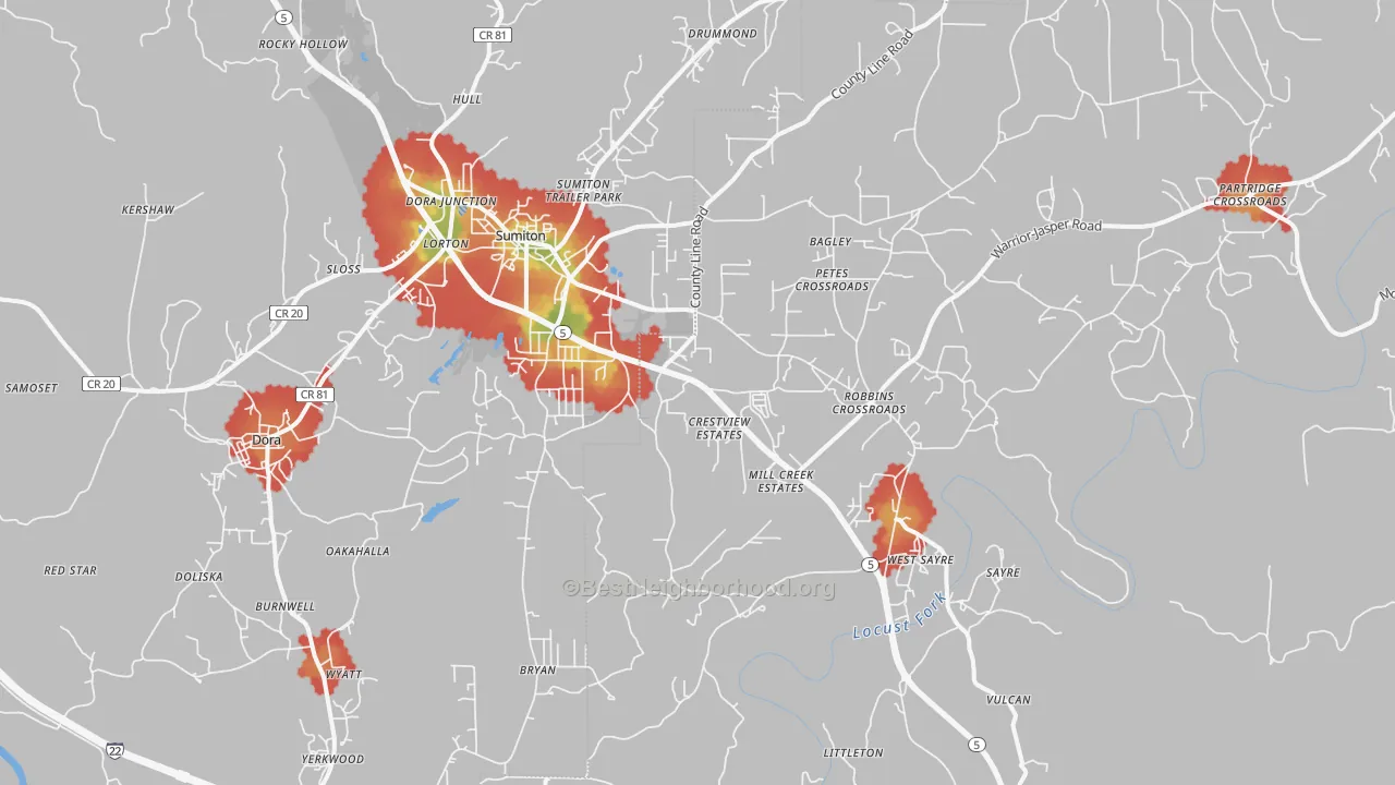 Walk Grade map of 35062, AL, walkable areas in green and car-dependent areas in red