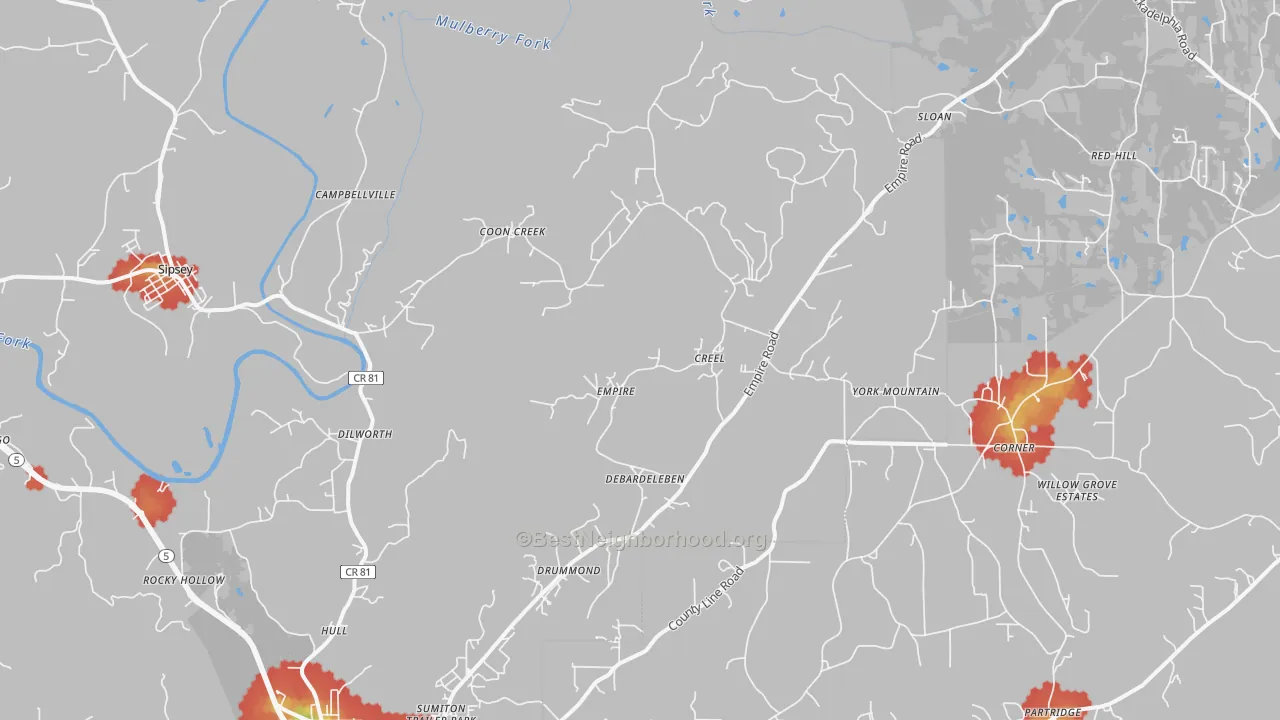 Walk Grade map of 35063, AL, walkable areas in green and car-dependent areas in red