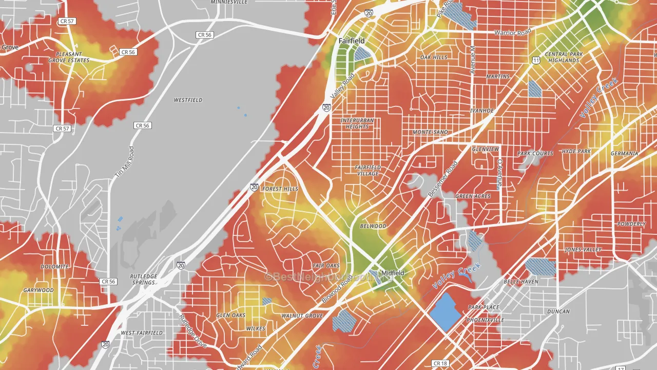 Walk Grade map of 35064, AL, walkable areas in green and car-dependent areas in red