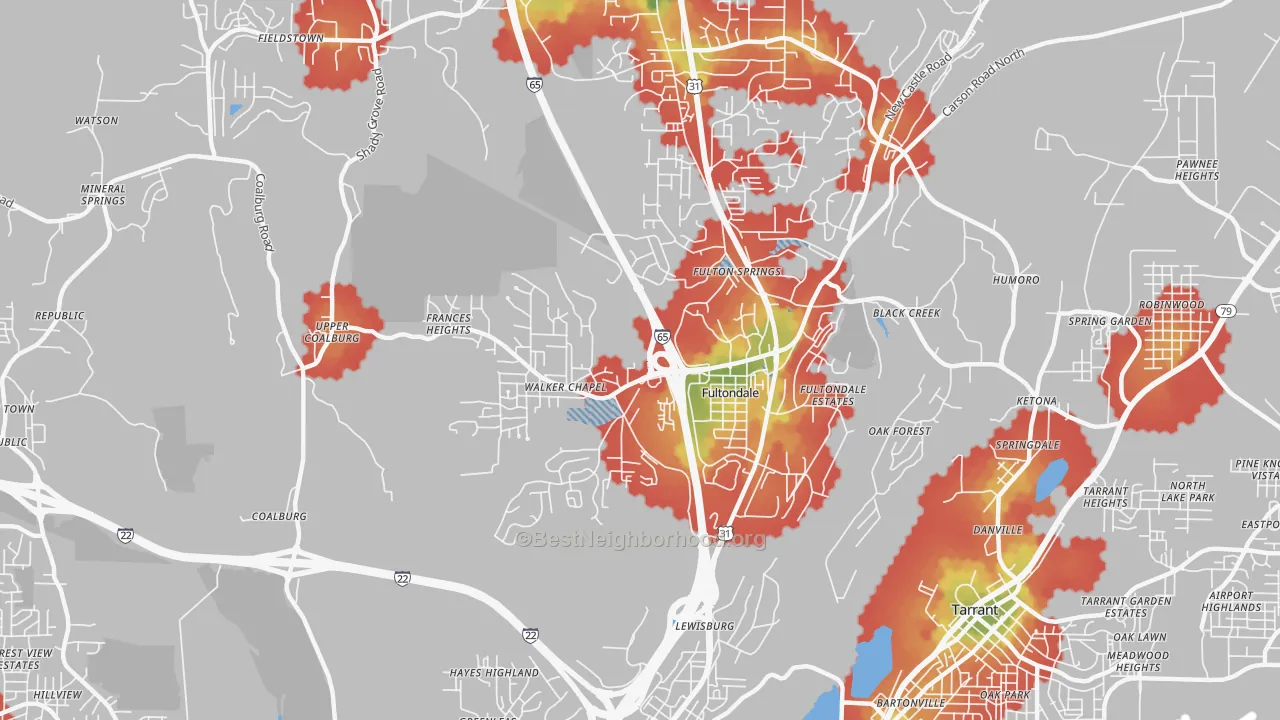 Walk Grade map of 35068, AL, walkable areas in green and car-dependent areas in red