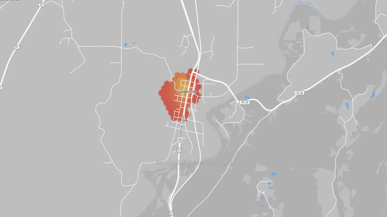Walk Grade map of 35070, AL, walkable areas in green and car-dependent areas in red