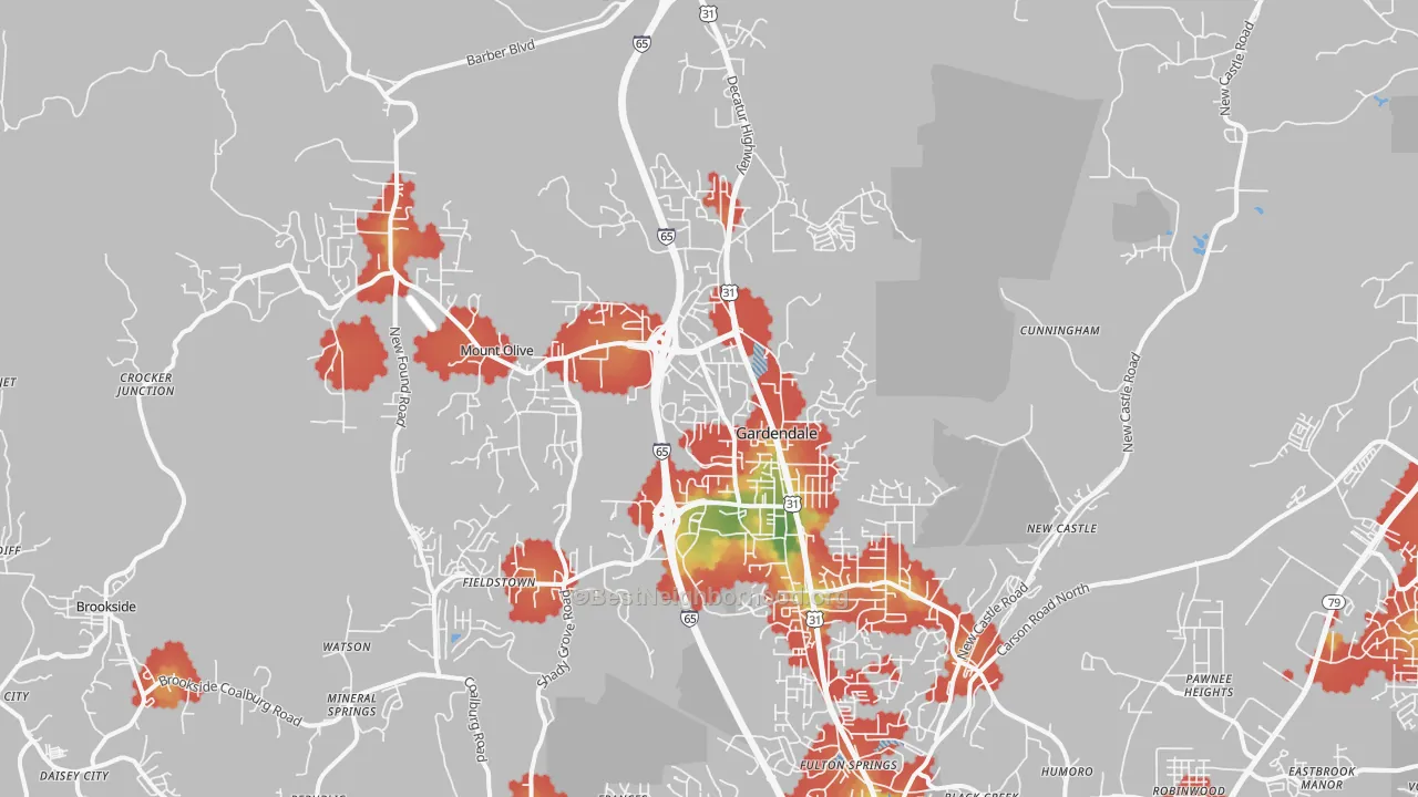 Walk Grade map of 35071, AL, walkable areas in green and car-dependent areas in red