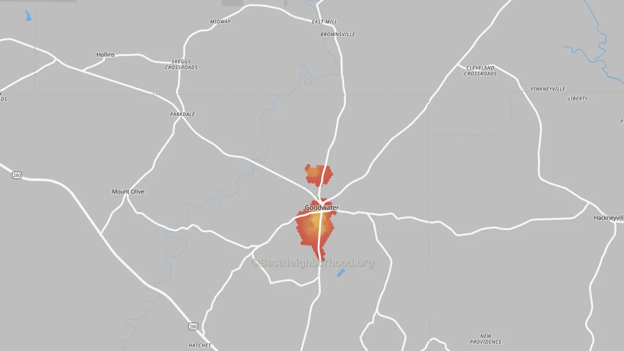 Walk Grade map of 35072, AL, walkable areas in green and car-dependent areas in red