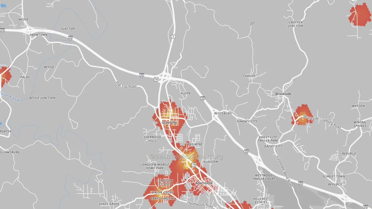 Walk Grade map of 35073, AL, walkable areas in green and car-dependent areas in red