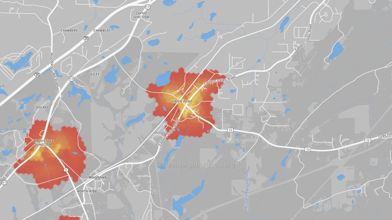 Walk Grade map of 35074, AL, walkable areas in green and car-dependent areas in red
