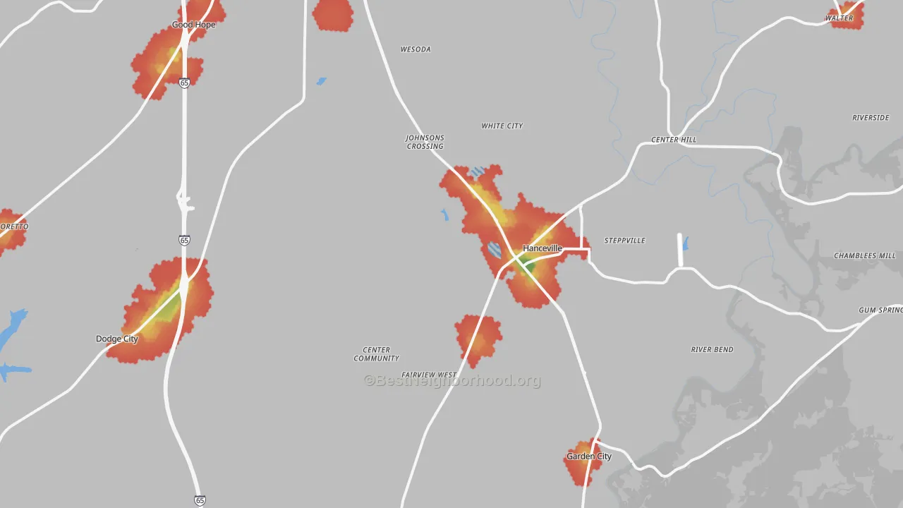 Walk Grade map of 35077, AL, walkable areas in green and car-dependent areas in red
