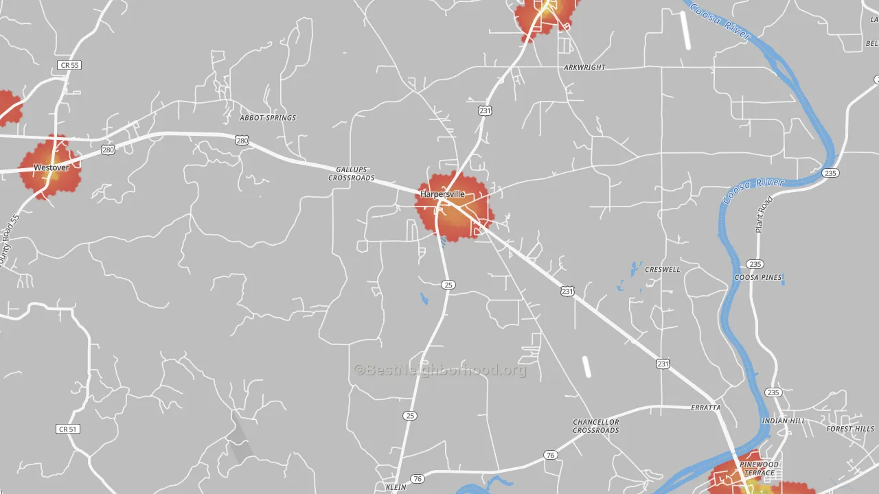 Walk Grade map of 35078, AL, walkable areas in green and car-dependent areas in red