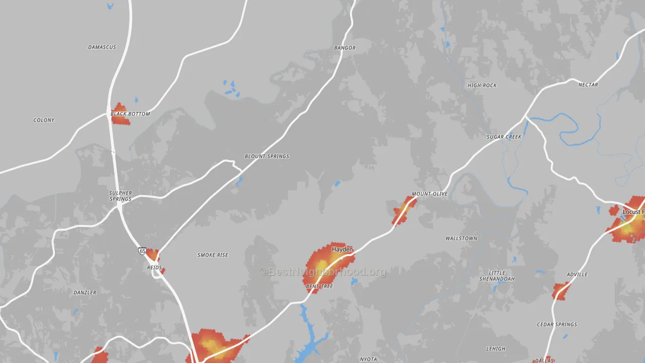 Walk Grade map of 35079, AL, walkable areas in green and car-dependent areas in red