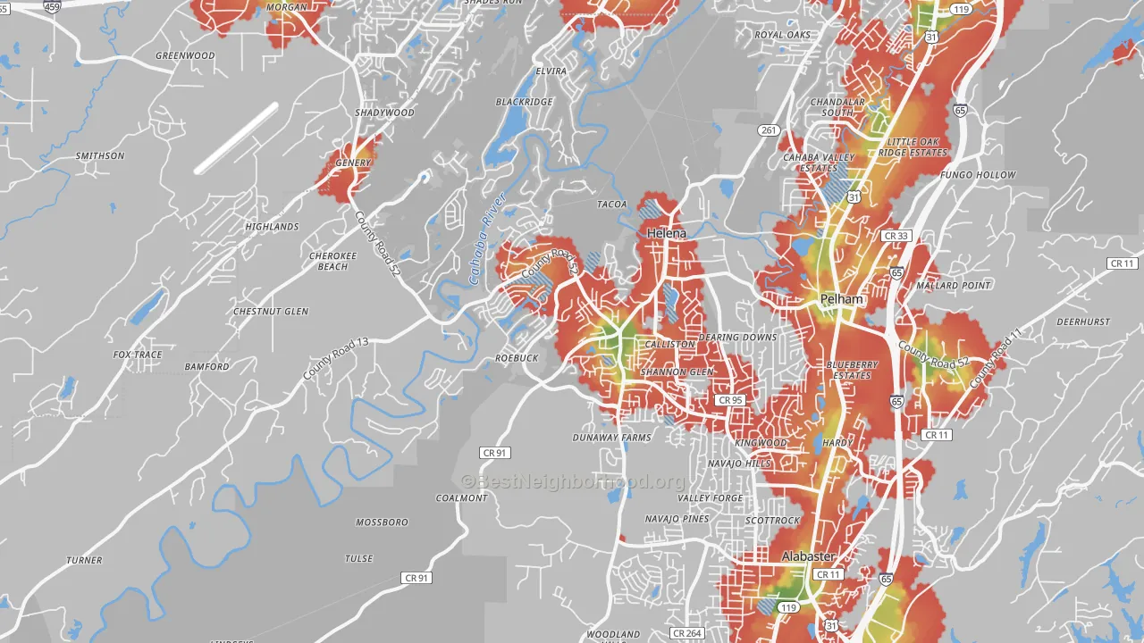 Walk Grade map of 35080, AL, walkable areas in green and car-dependent areas in red