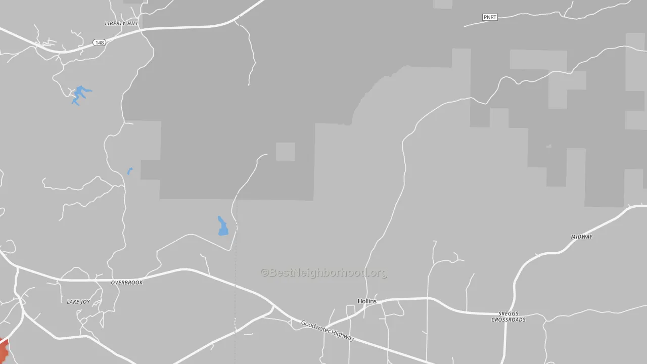Walk Grade map of 35082, AL, walkable areas in green and car-dependent areas in red