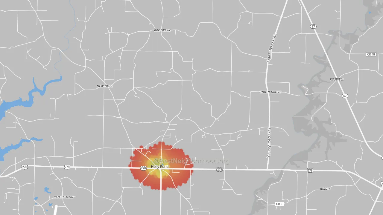 Walk Grade map of 35083, AL, walkable areas in green and car-dependent areas in red