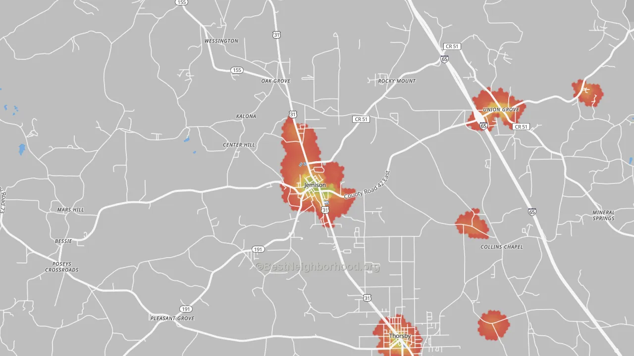 Walk Grade map of 35085, AL, walkable areas in green and car-dependent areas in red