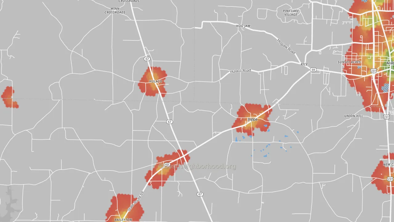 Walk Grade map of 35087, AL, walkable areas in green and car-dependent areas in red