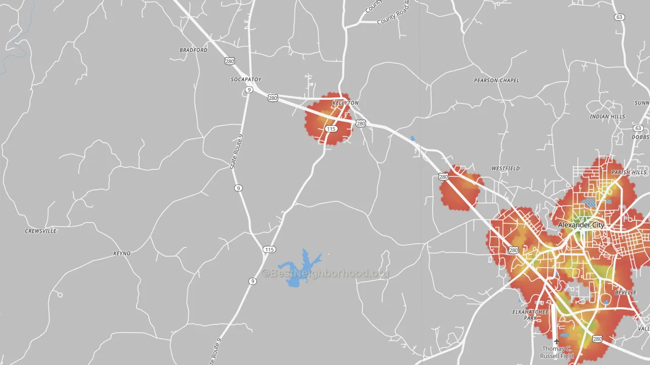 Walk Grade map of 35089, AL, walkable areas in green and car-dependent areas in red