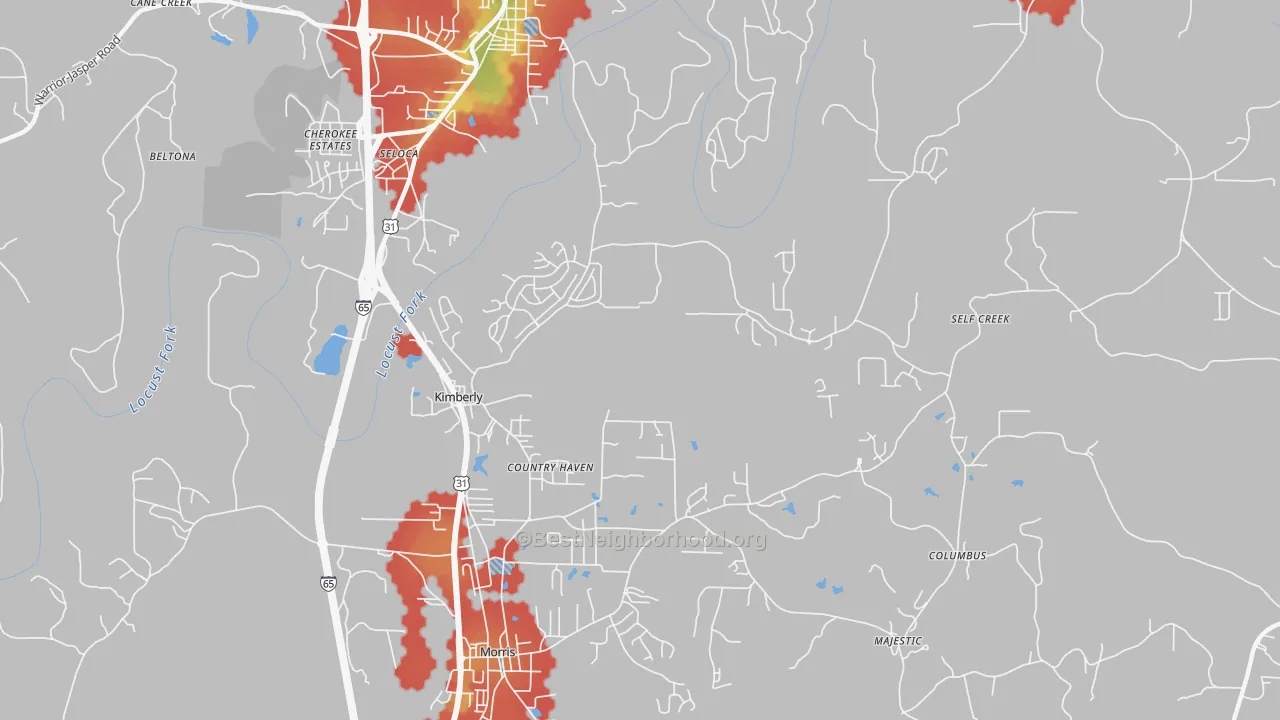 Walk Grade map of 35091, AL, walkable areas in green and car-dependent areas in red