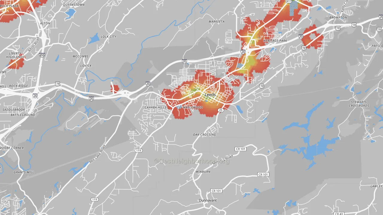 Walk Grade map of 35094, AL, walkable areas in green and car-dependent areas in red