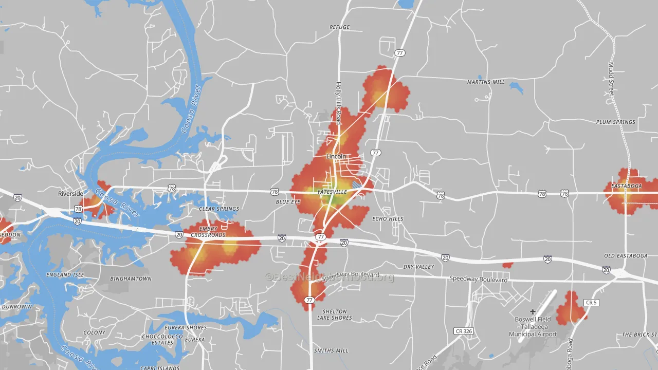 Walk Grade map of 35096, AL, walkable areas in green and car-dependent areas in red
