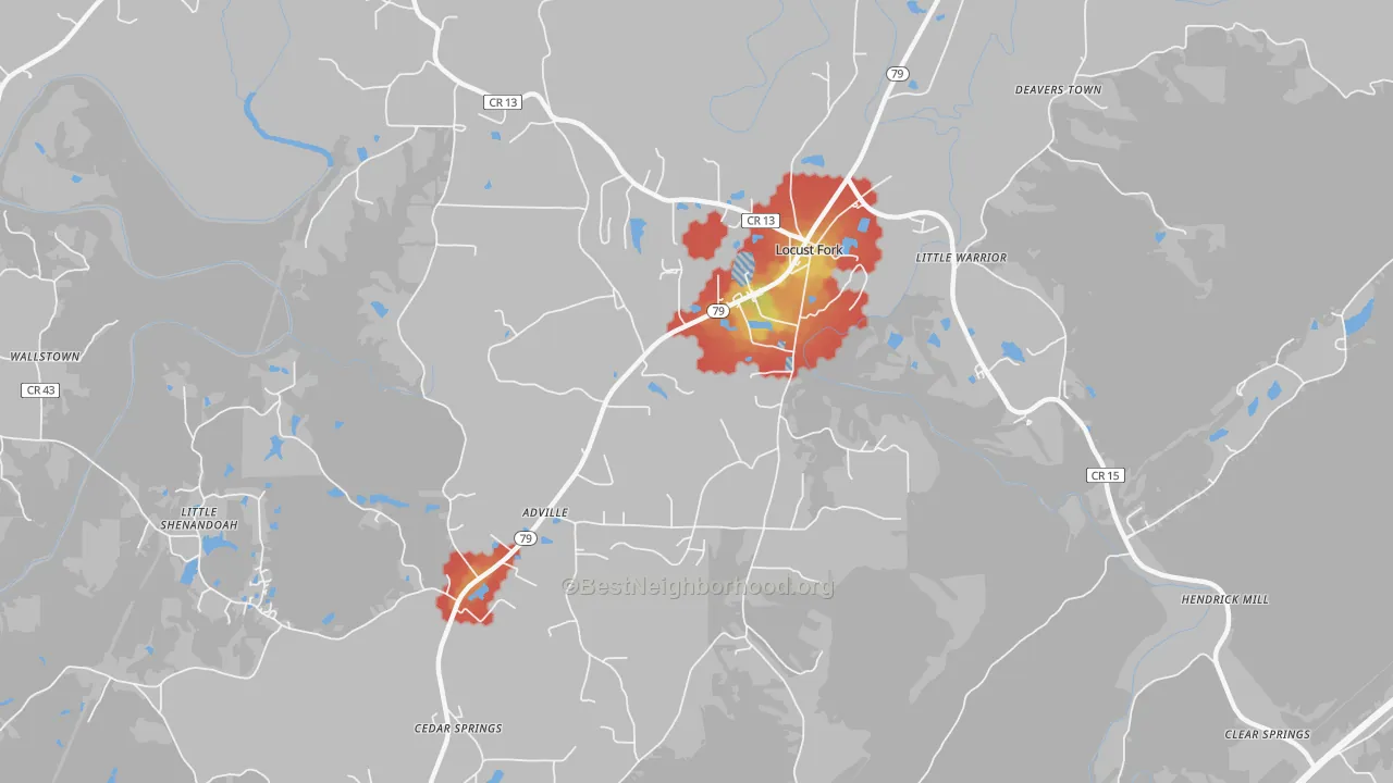 Walk Grade map of 35097, AL, walkable areas in green and car-dependent areas in red