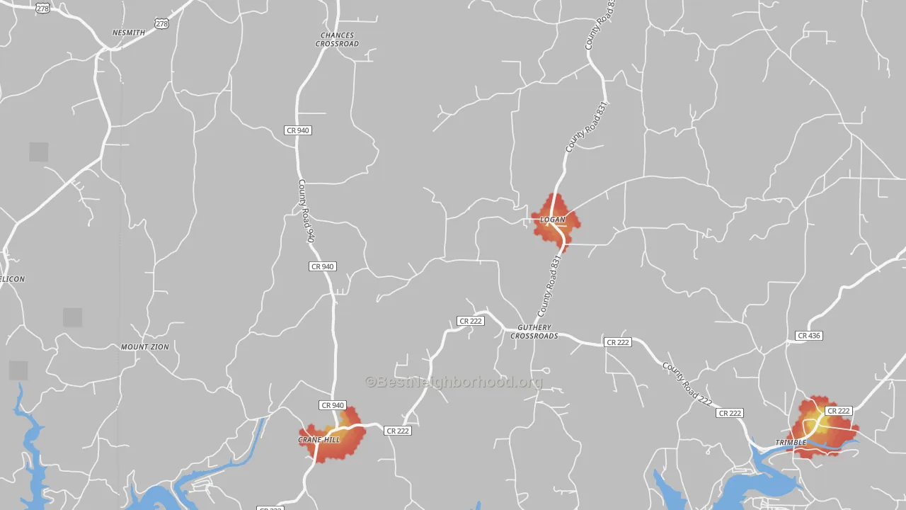 Walk Grade map of 35098, AL, walkable areas in green and car-dependent areas in red