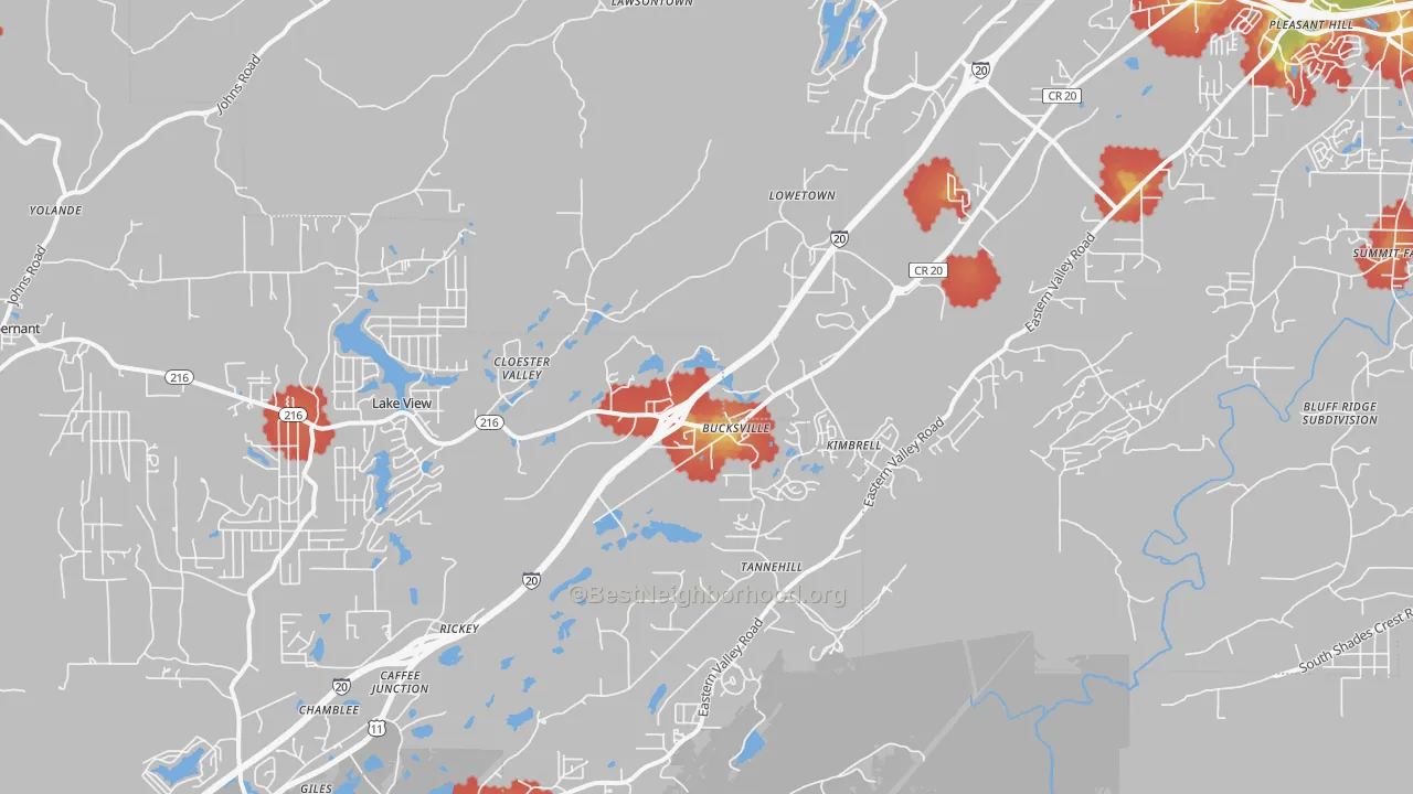 Walk Grade map of 35111, AL, walkable areas in green and car-dependent areas in red