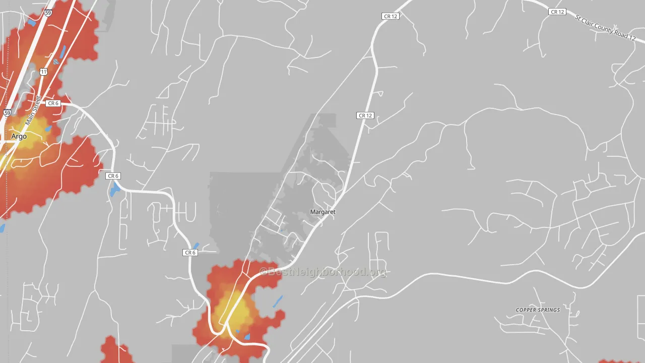 Walk Grade map of 35112, AL, walkable areas in green and car-dependent areas in red