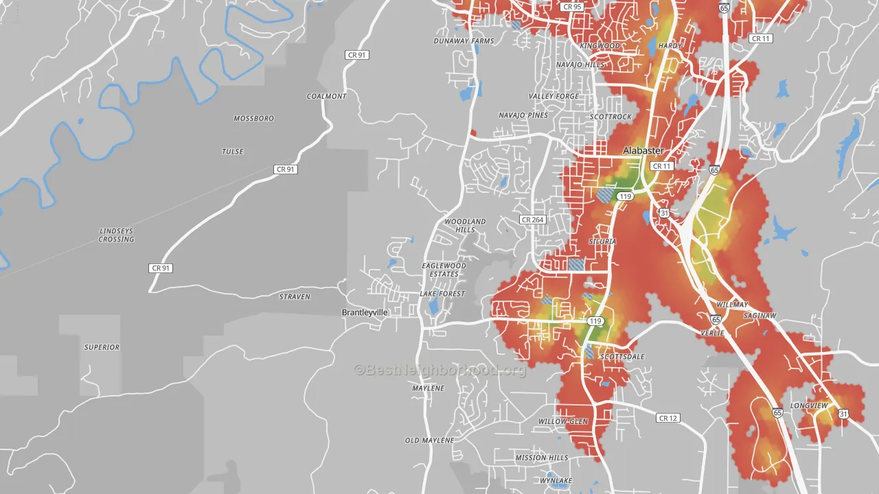 Walk Grade map of 35114, AL, walkable areas in green and car-dependent areas in red