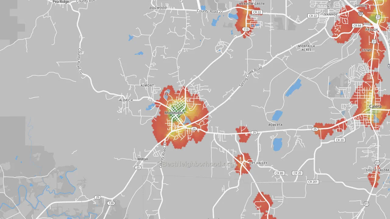 Walk Grade map of 35115, AL, walkable areas in green and car-dependent areas in red