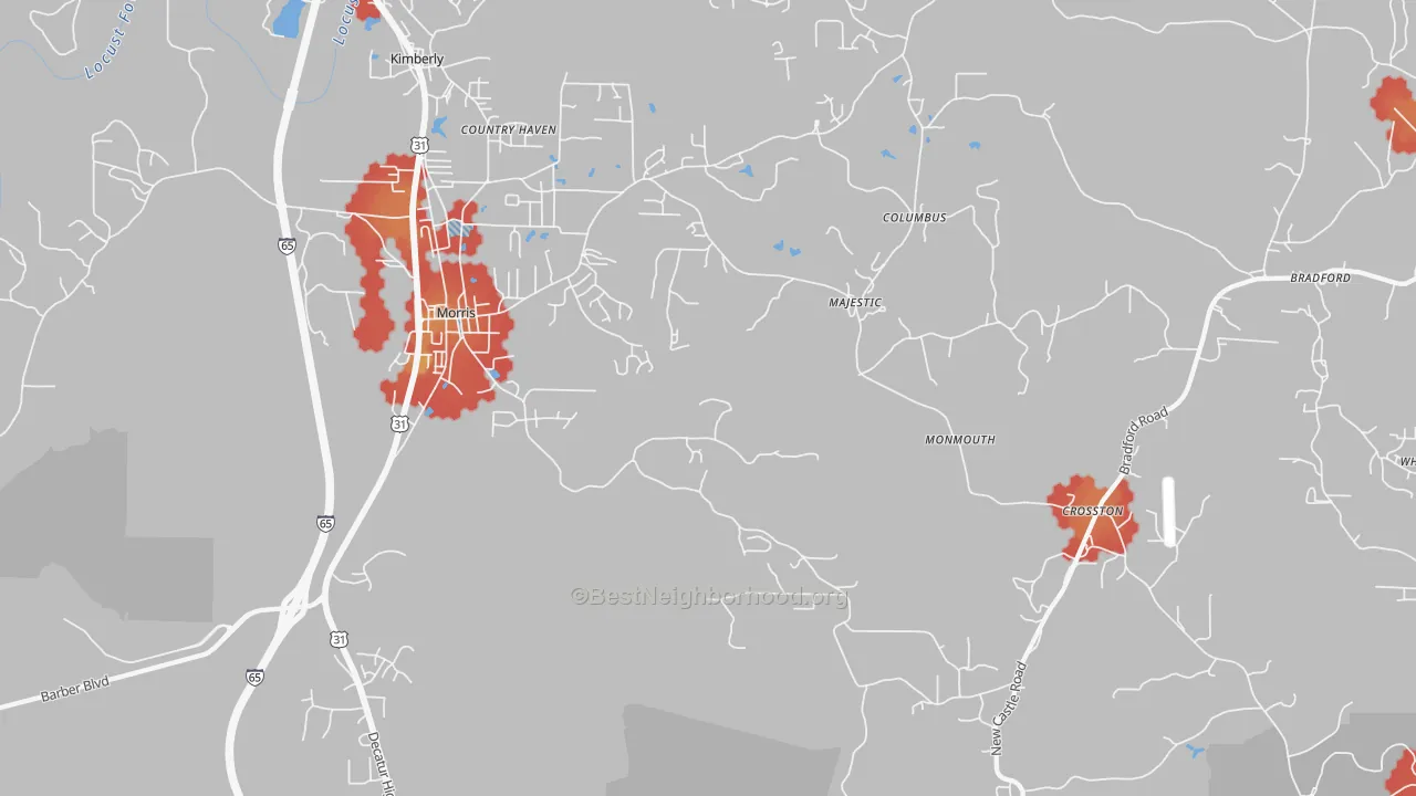 Walk Grade map of 35116, AL, walkable areas in green and car-dependent areas in red