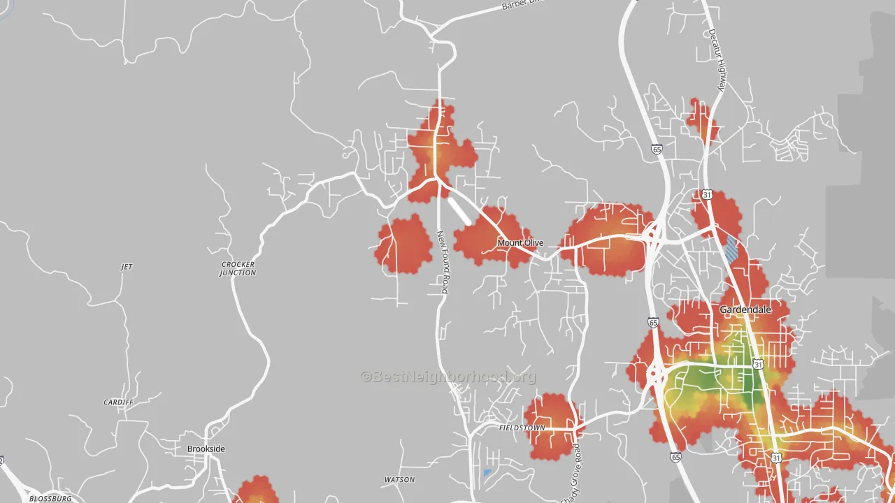 Walk Grade map of 35117, AL, walkable areas in green and car-dependent areas in red