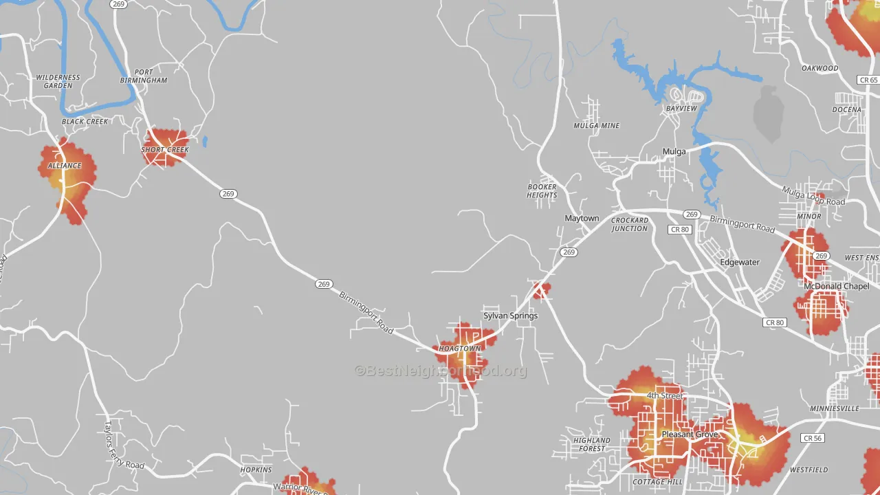 Walk Grade map of 35118, AL, walkable areas in green and car-dependent areas in red
